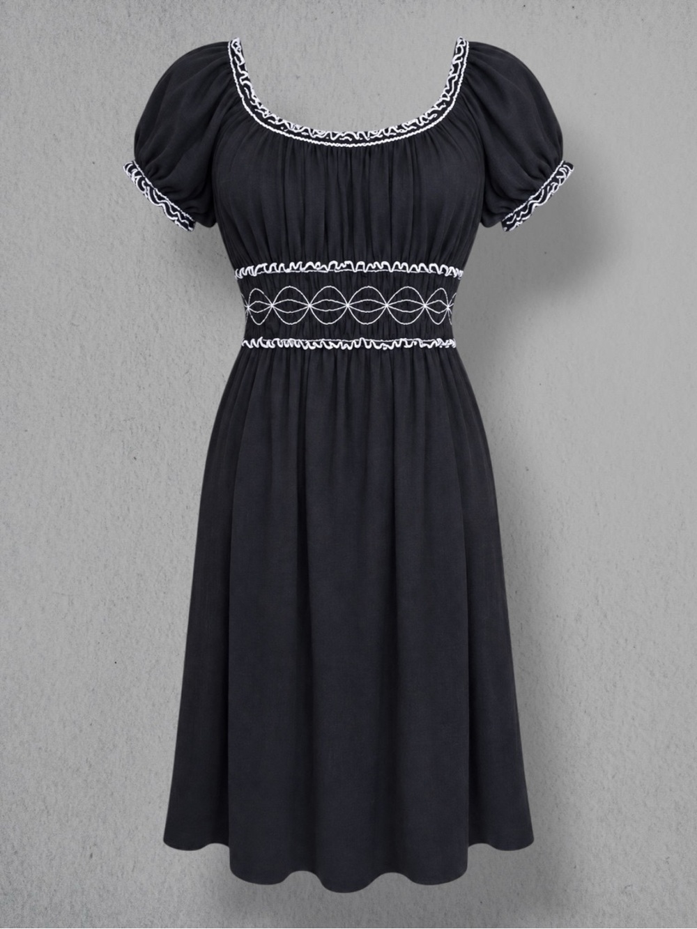 Vintage Max Studio Dress Black White Babydoll Milkmaid Embroidered Whimsigoth M